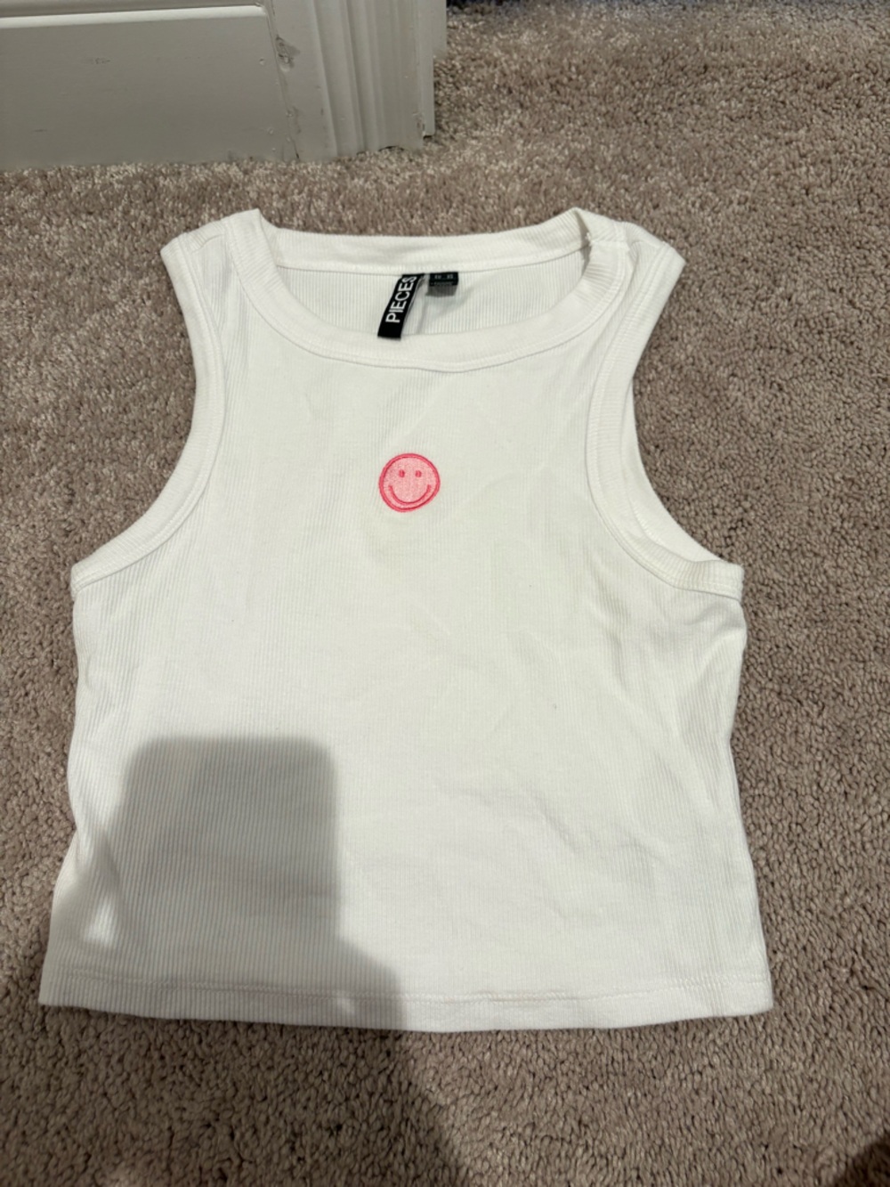 White Ribbed Tank with Pink Smiley Patch( never worn)